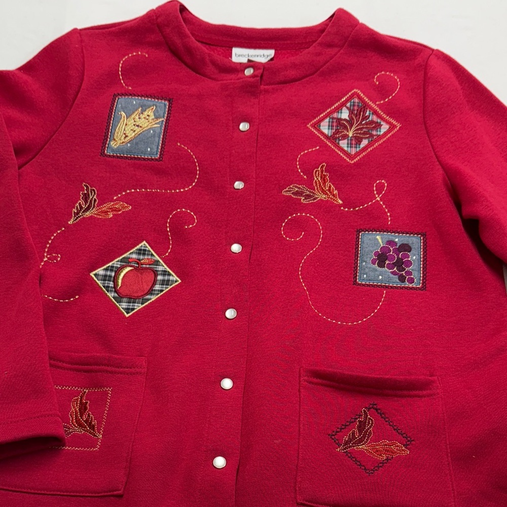 Breckenridge Red Cardigan with Embroidered Patches, Pearl Snaps